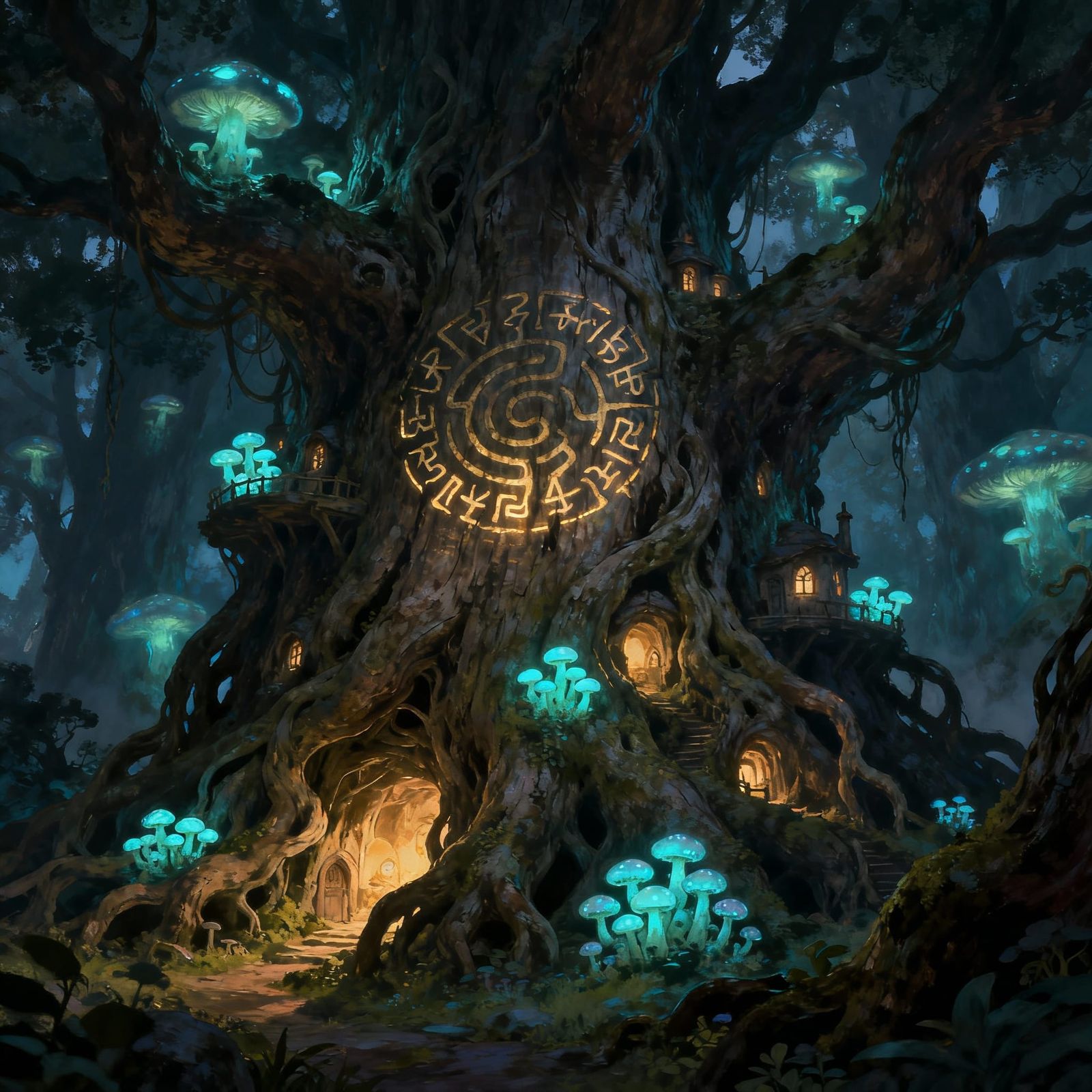 Ancient Tree Fortress With Glowing Runes