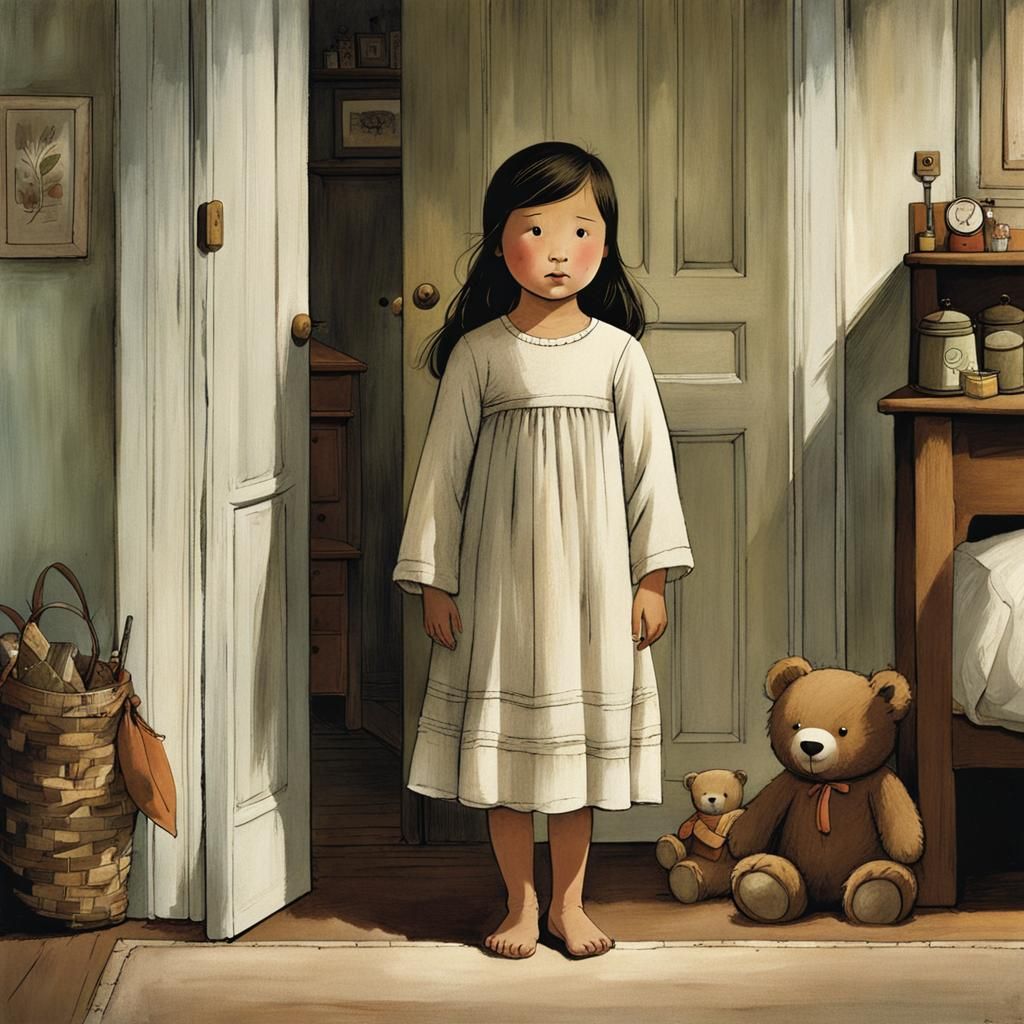 Sleepy Girl with Teddy Bear Storybook Illustration