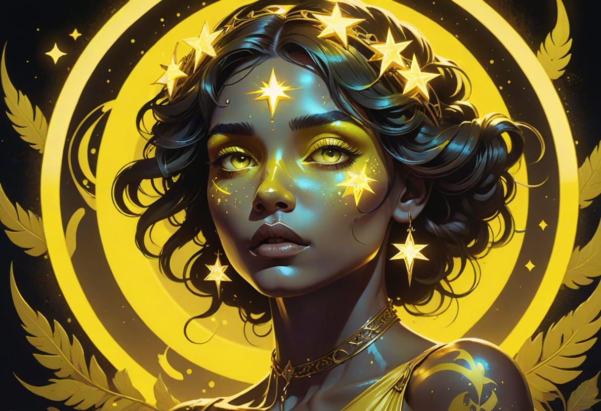 Luminous Woman Radiates Yellow Brilliance in Dark Fantasy Po...