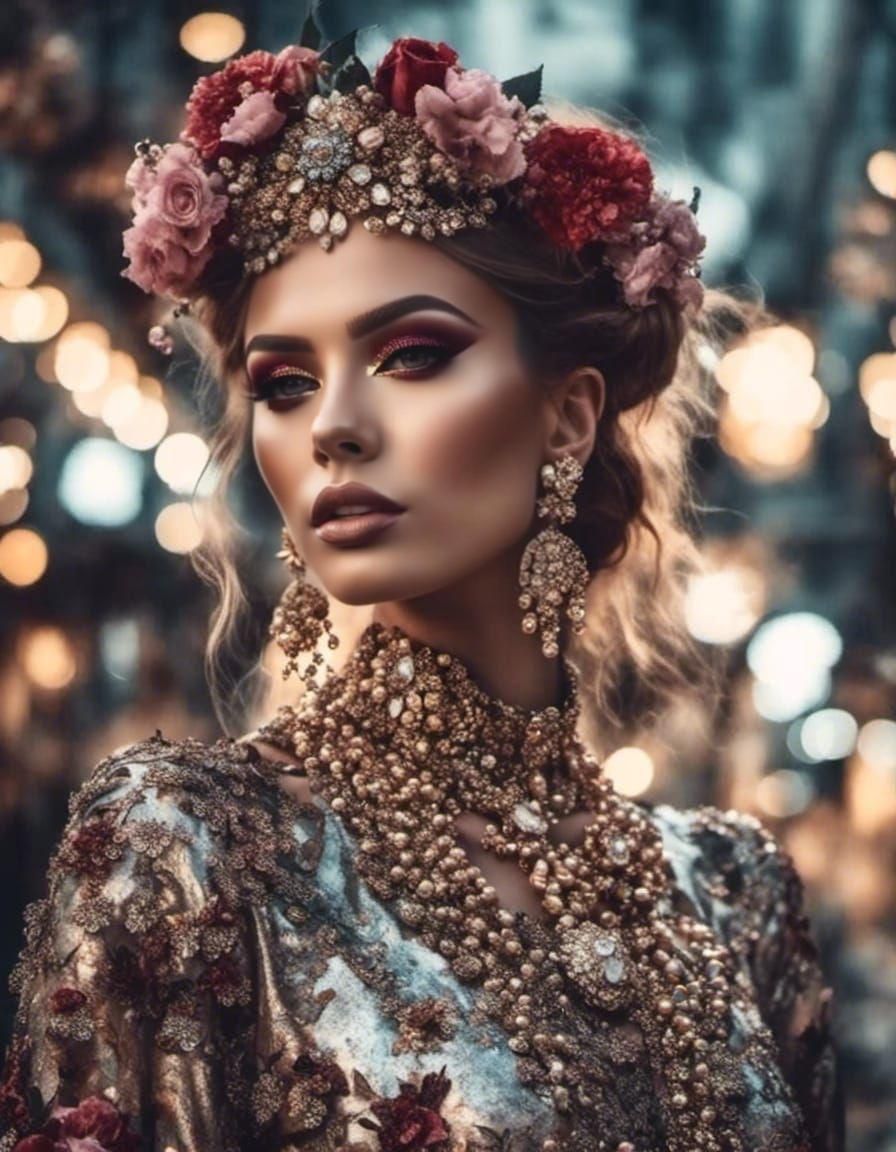 Stunning Woman in Floral Couture Outfit