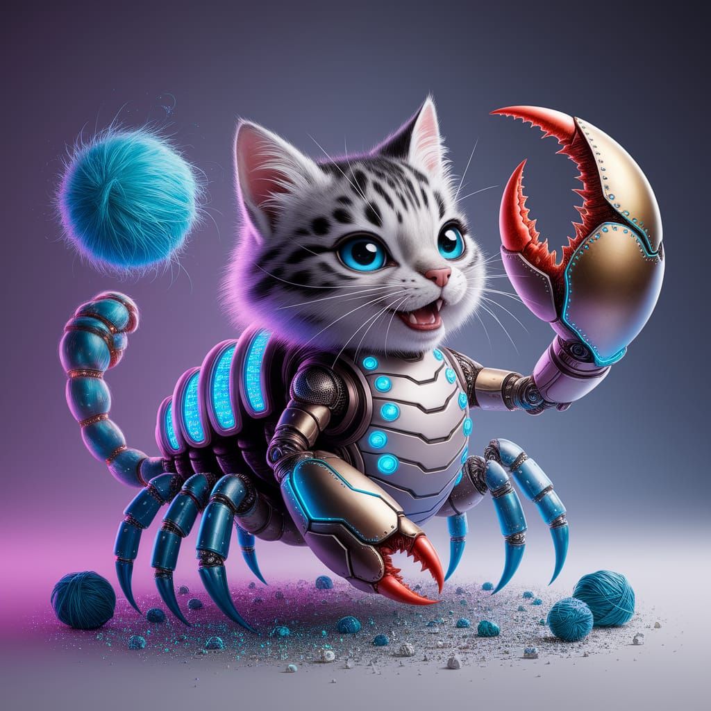 Cyborg Crab Cat in Whimsical Futuristic Landscape