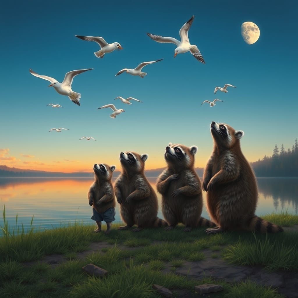Raccoons in Serene Sunset Scene with Flying Sea Gulls