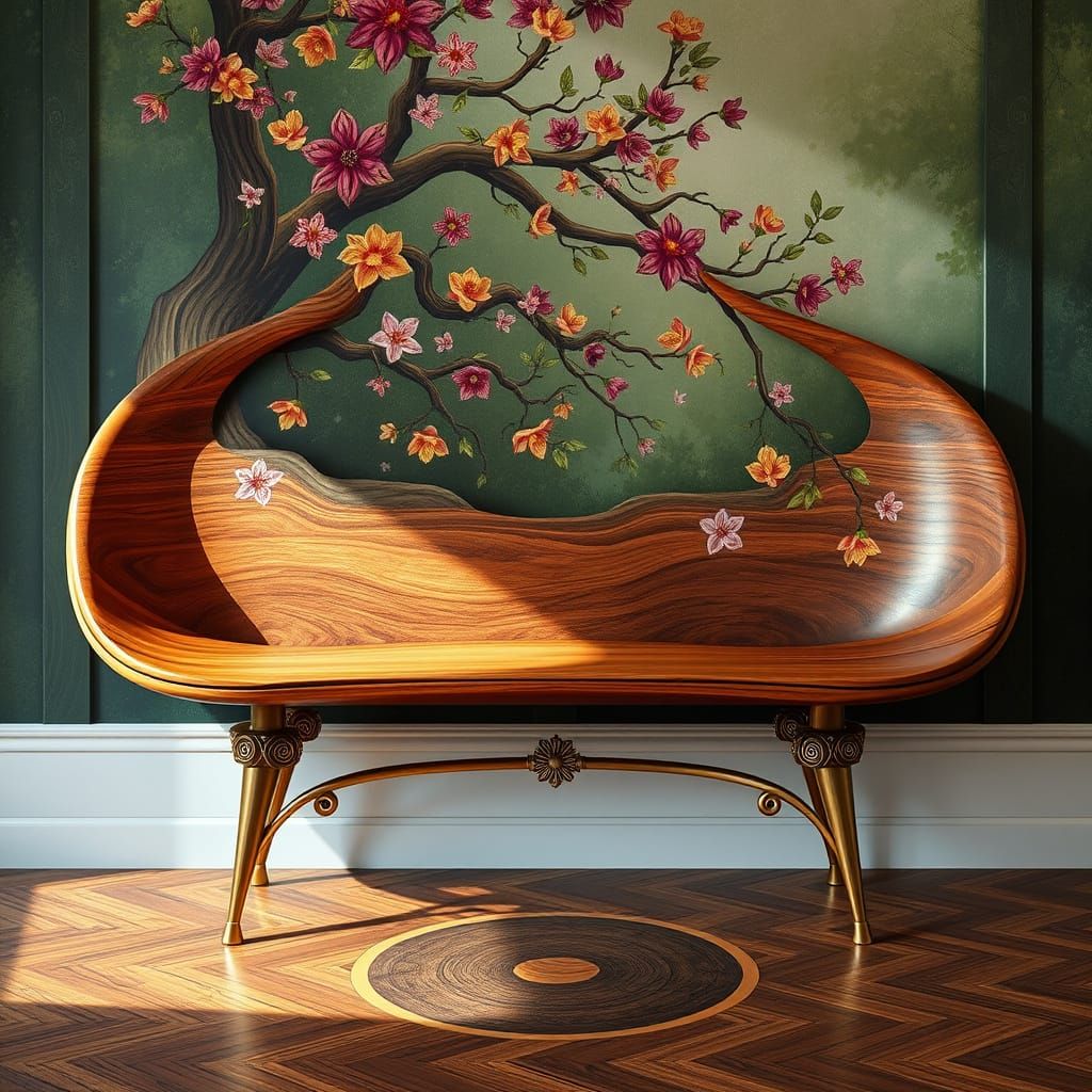 Whimsical Teak Bench with Floral Accents and Tree Trunk Legs