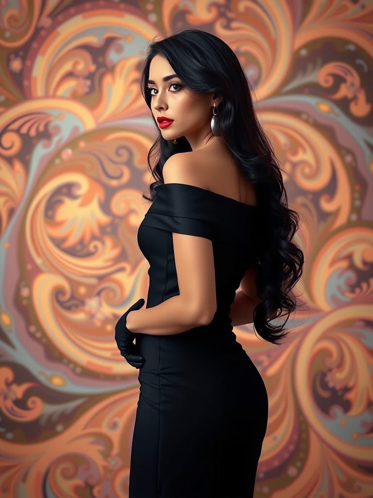 Elegant Woman in Black Dress, Art Nouveau Style