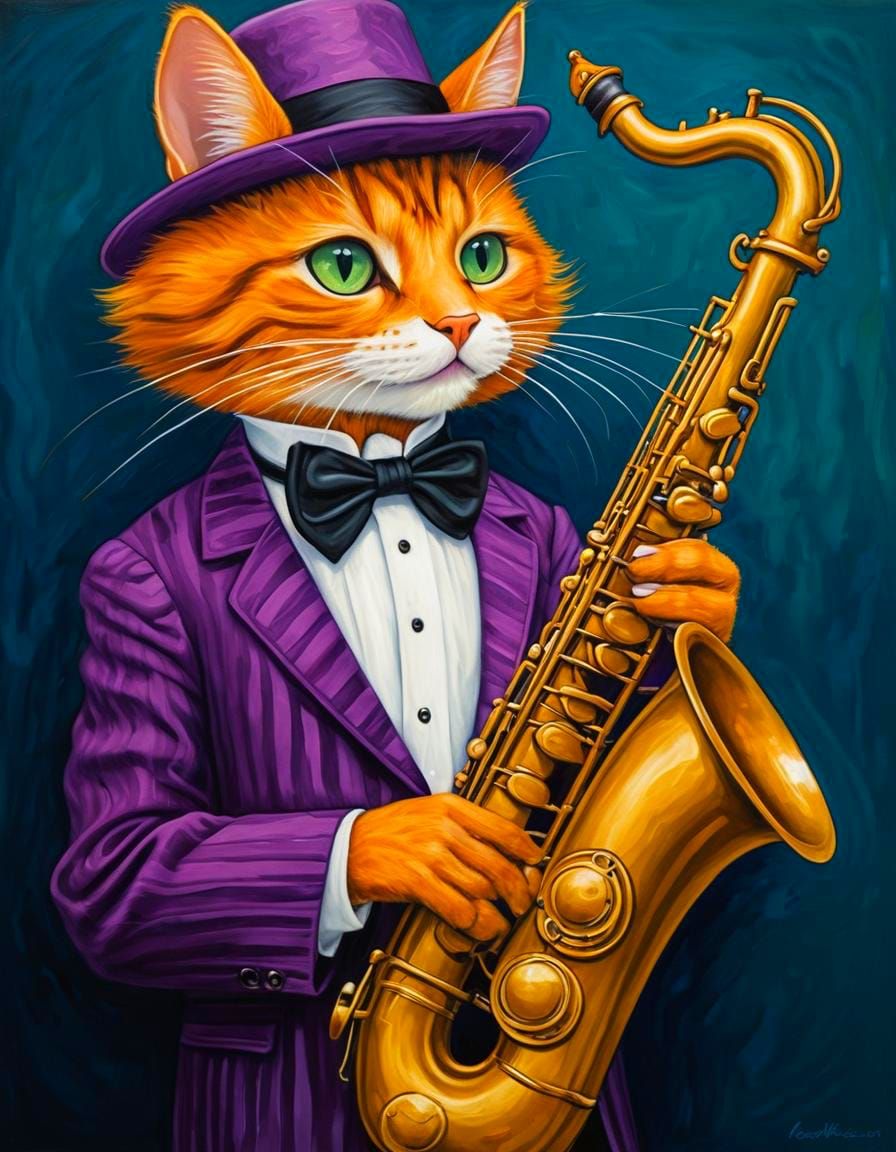 Cat Saxophonist in Zoot Suit, Folk Art Style