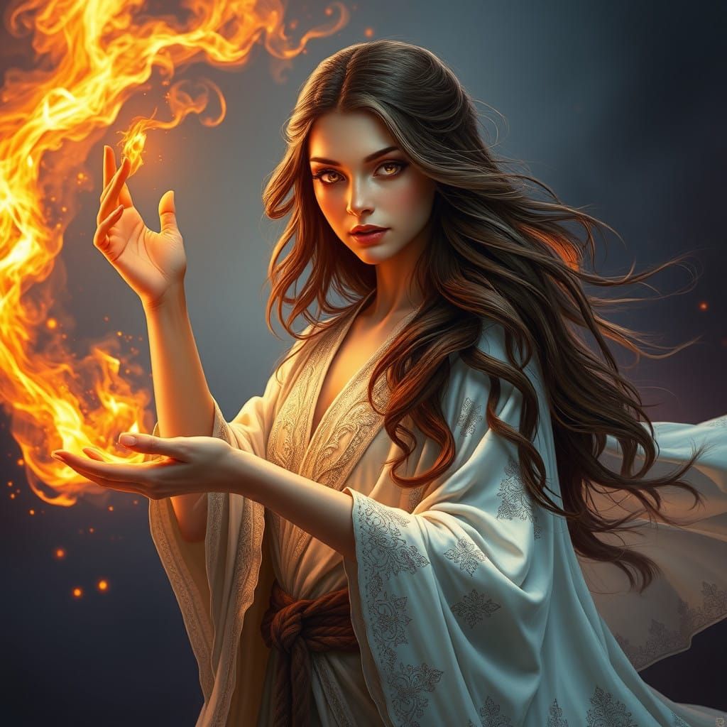 Mystical Fire Sorceress Weaves Protective Barrier of Flames