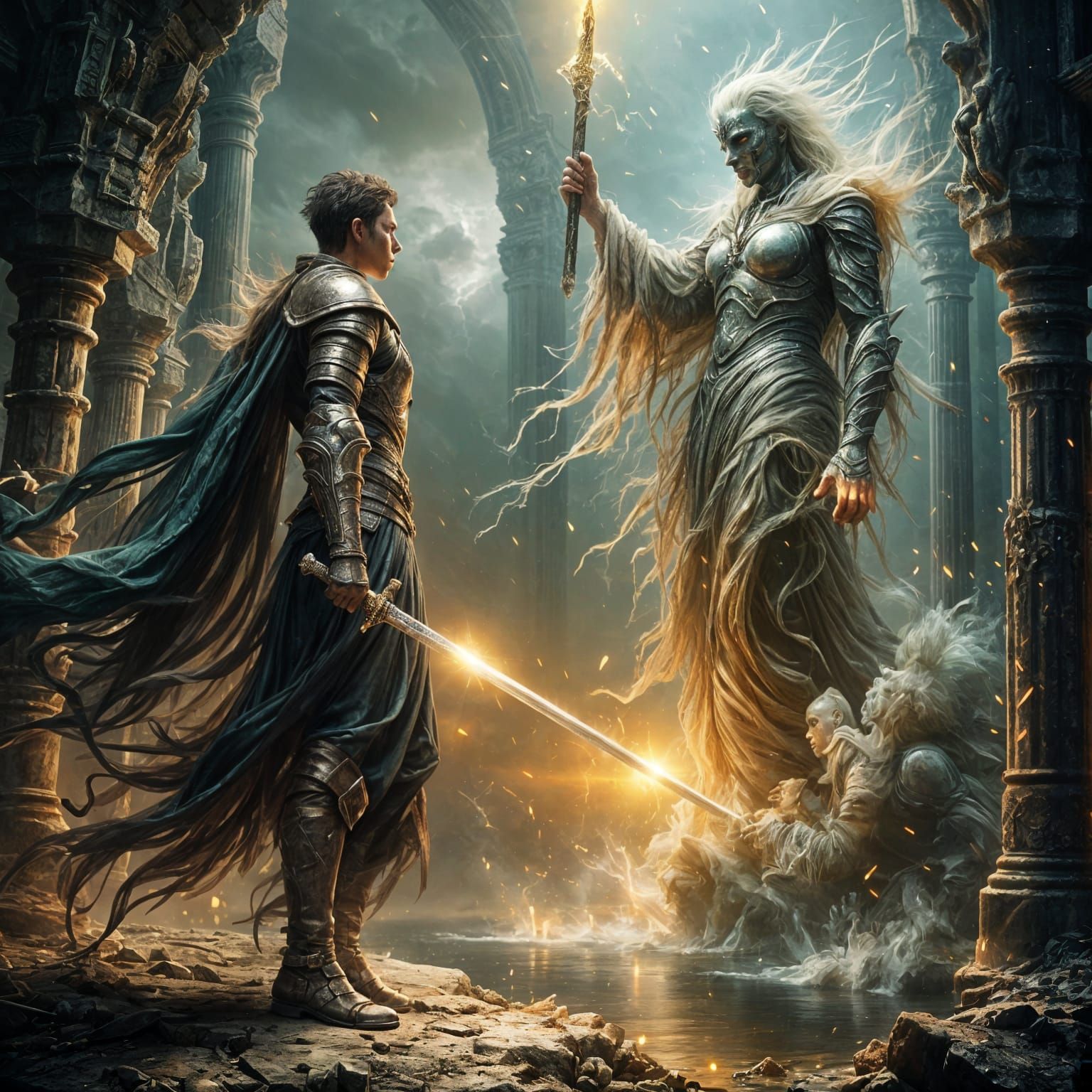 Dark Fantasy Warrior Battles Ghost King in Ruined Castle