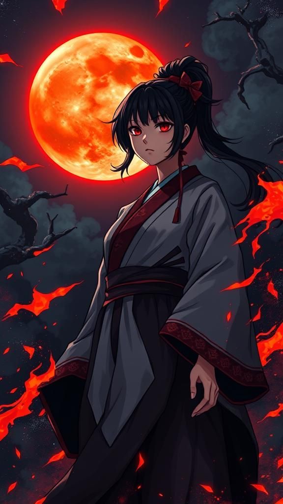 Nezuko Kamado Under the Blood Moon in Anime Style