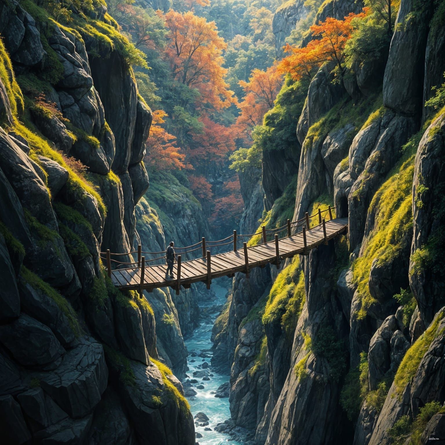 Ancient Wooden Bridge Over Wadi Between Mountains