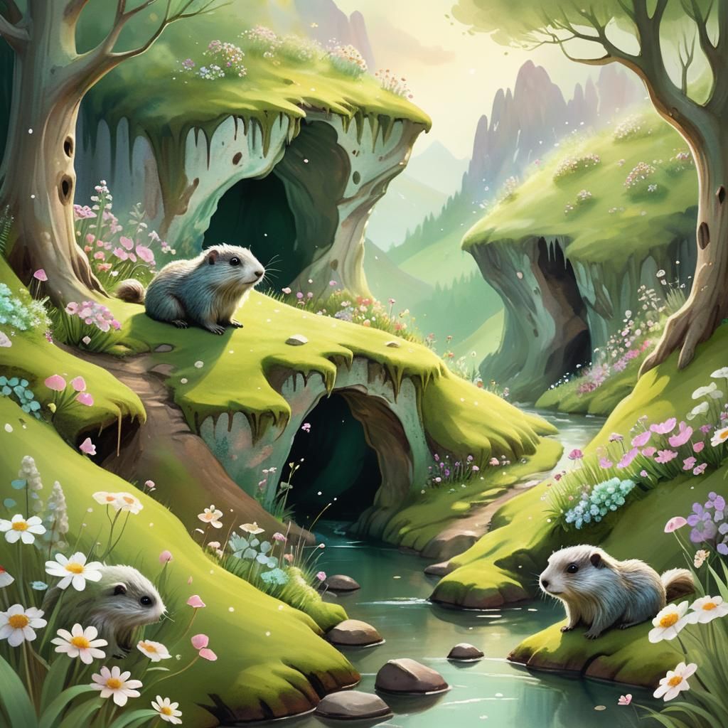 Enchanting Marmot Habitat in Whimsical Fantasy Illustration