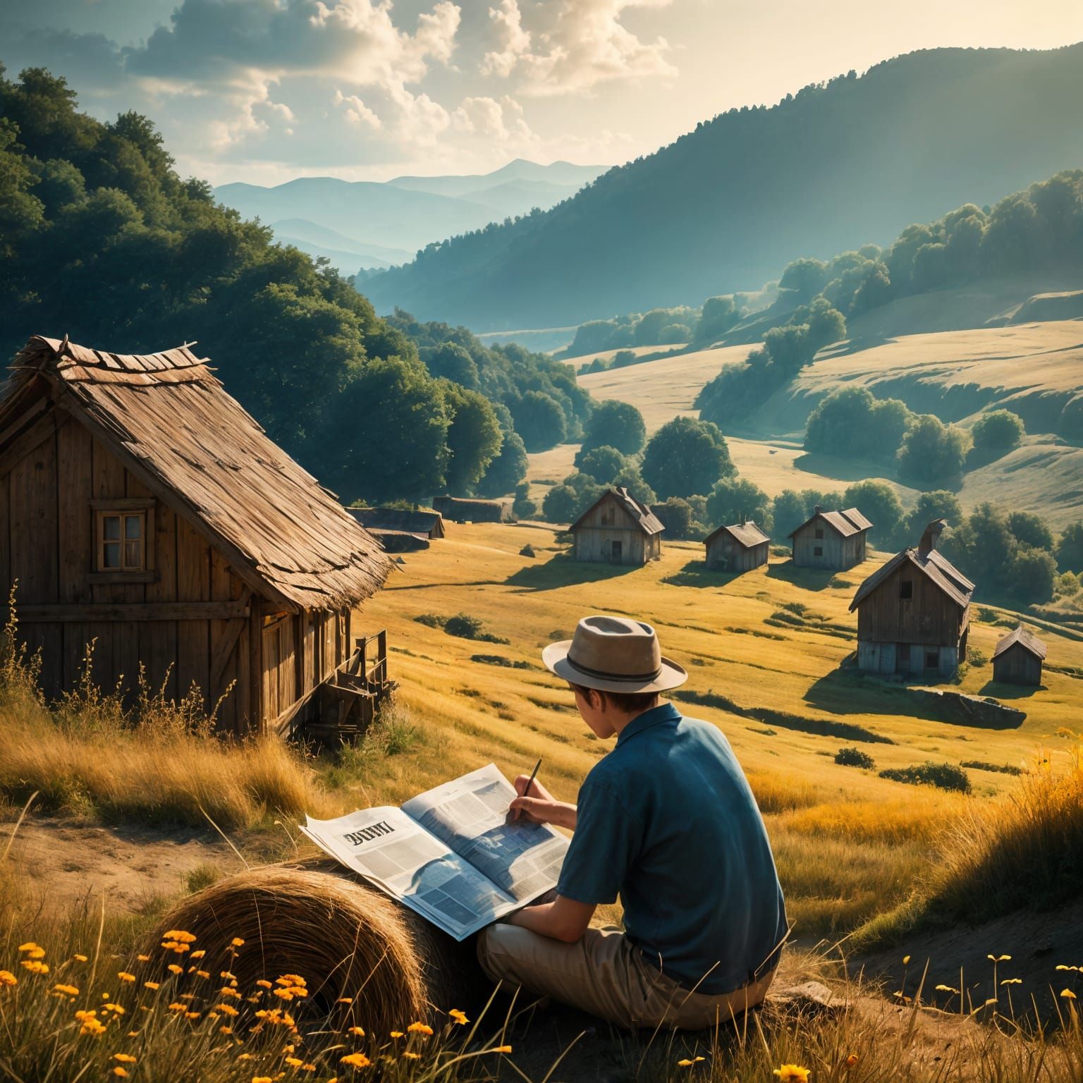 Child Reading on Rooftop: Fantasy Concept Art