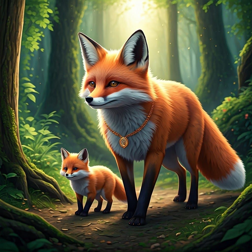 Fox Family in Lush Forest: 3D Anime Art