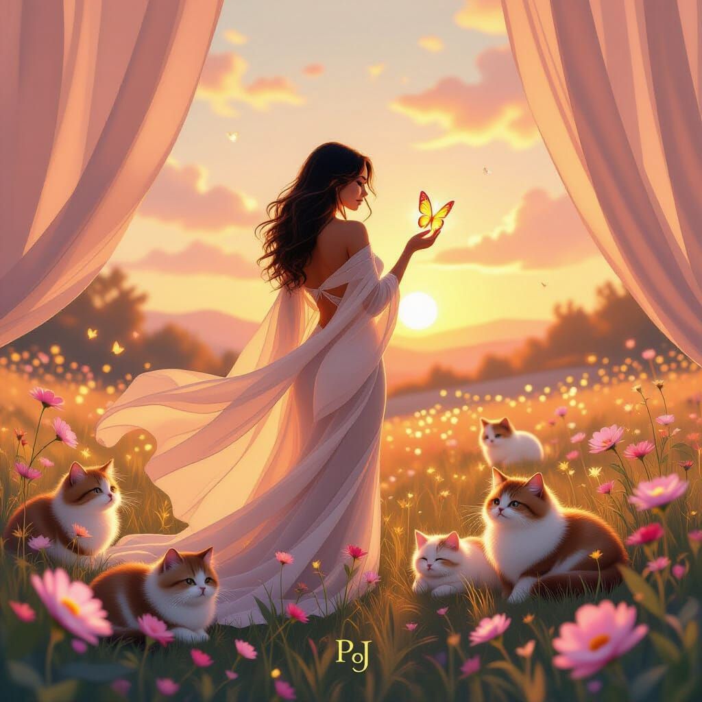 Curvy Woman in Alien Meadow with Fluffy Cats