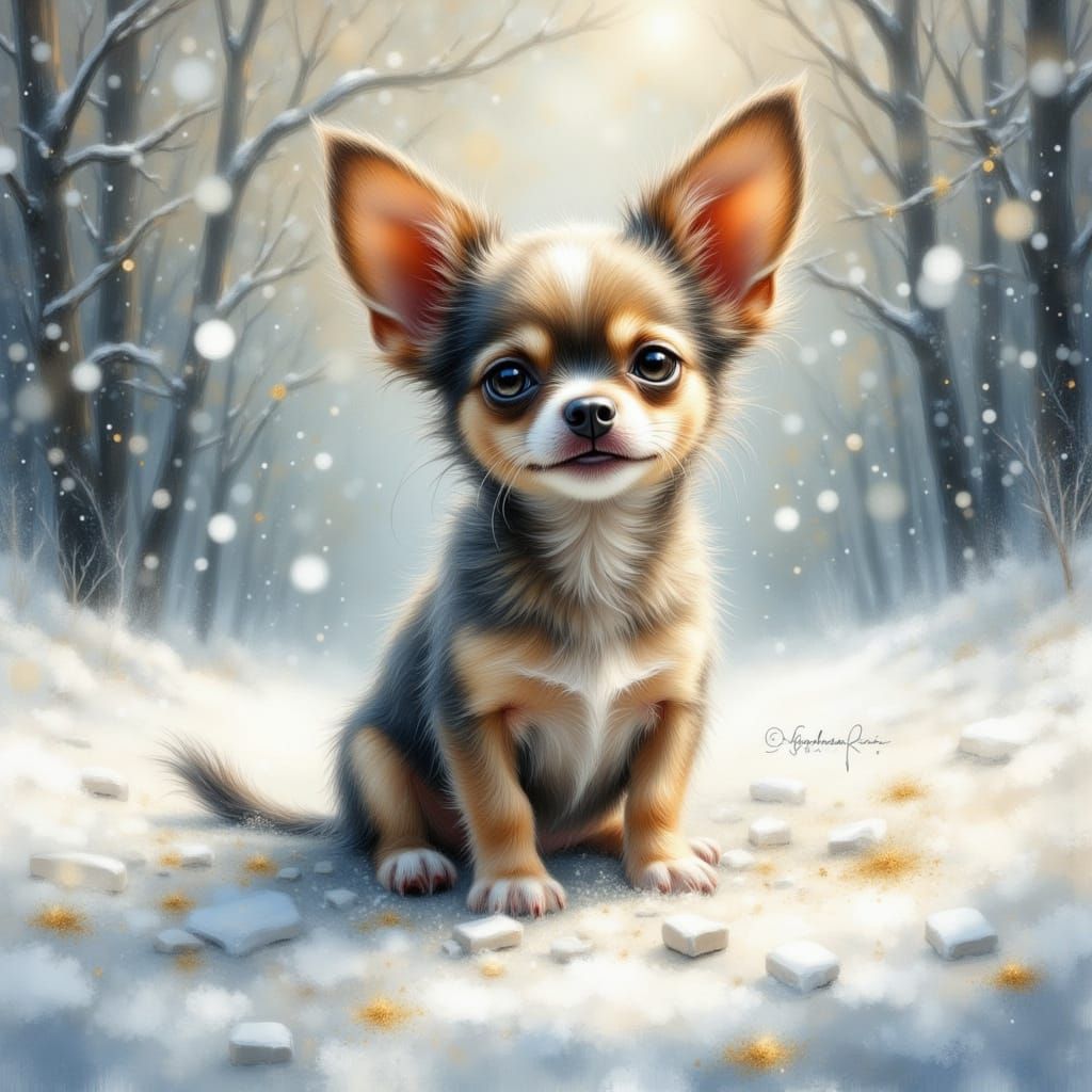 Whimsical Chihuahua in Snowy Landscape with Gold Dust