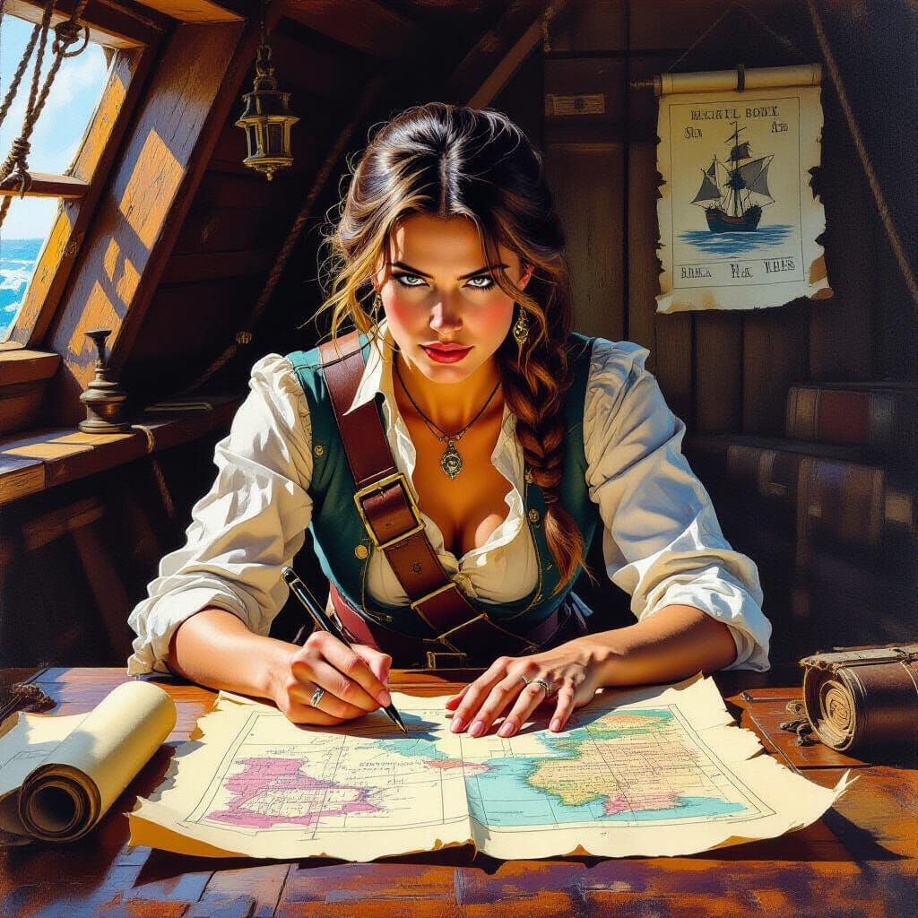 Pirate Captain Plans Attack in Gouache Painting