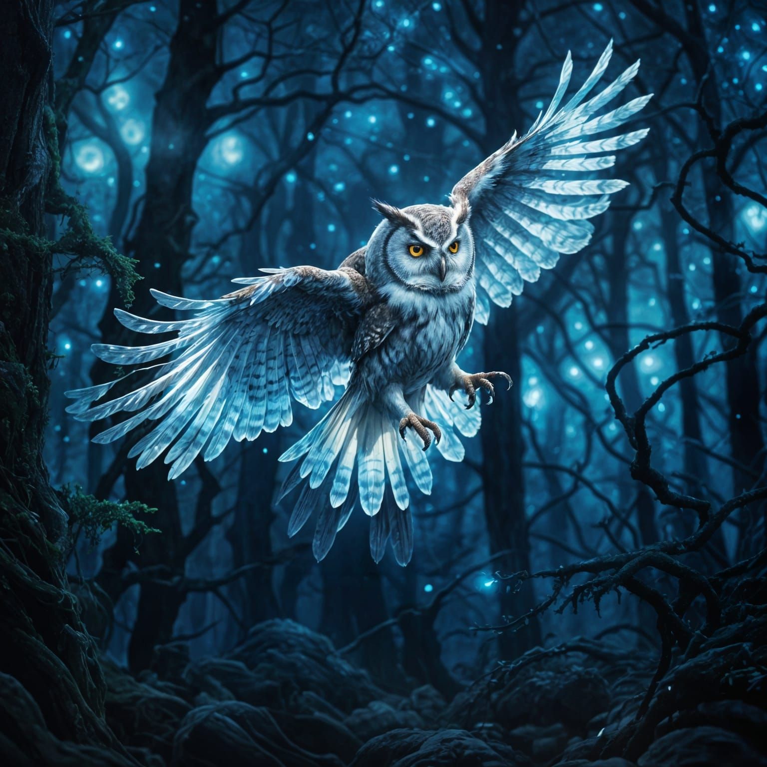 Bioluminescent Owl in Dark Forest: Fantasy Art