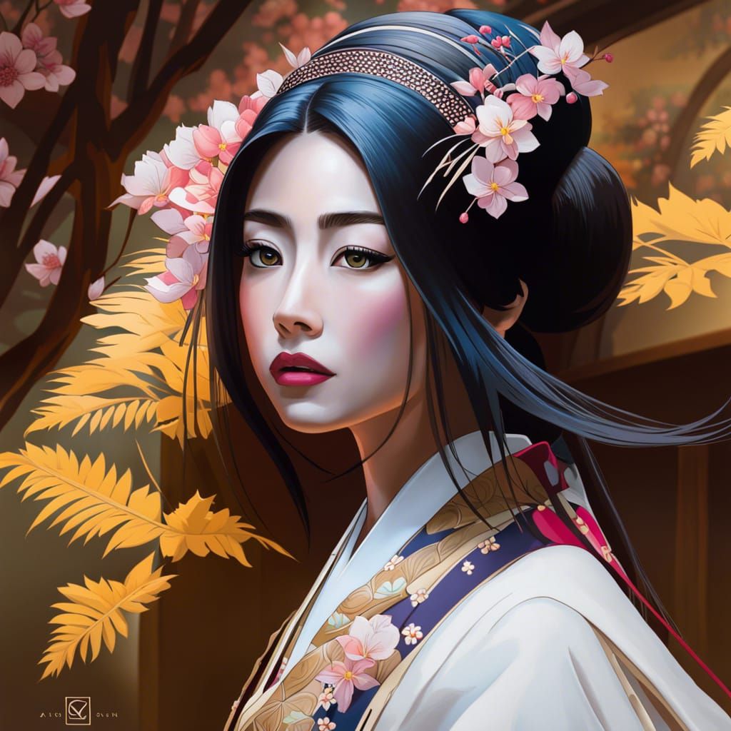 Japanese Princess in Garden: Alphonse Mucha Style