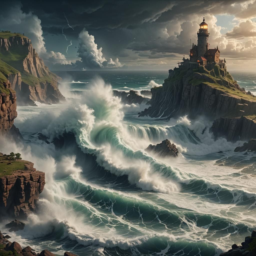 Seashore Cliff with Waves and Water Tornado