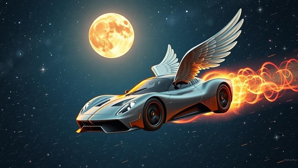 Winged Racing Car Soaring Through Starry Night