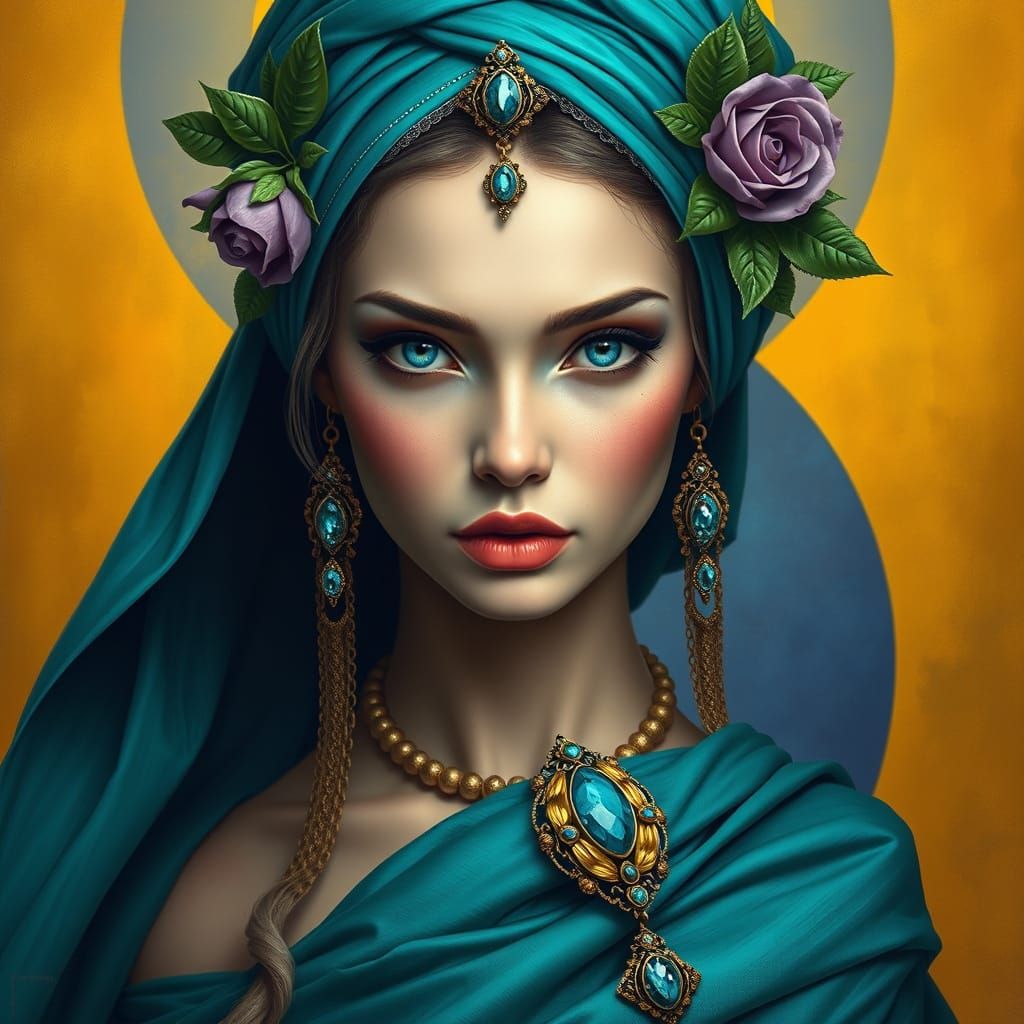 A captivating fantasy portrait of a regal woman with luminous porcelain skin and piercing blue eyes, framed by soft long...