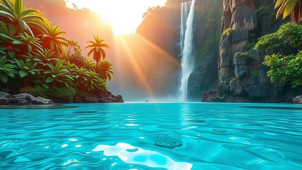Lush Lagoon and Waterfall in Landscape Photography Style