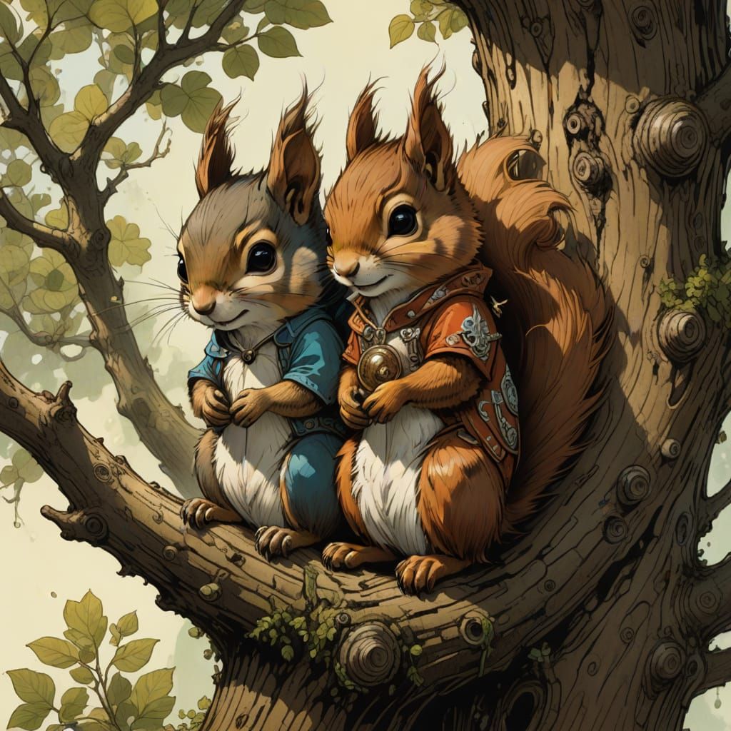 Surreal Oil Portrait of Two Happy Chibi Squirrels in a Whims...