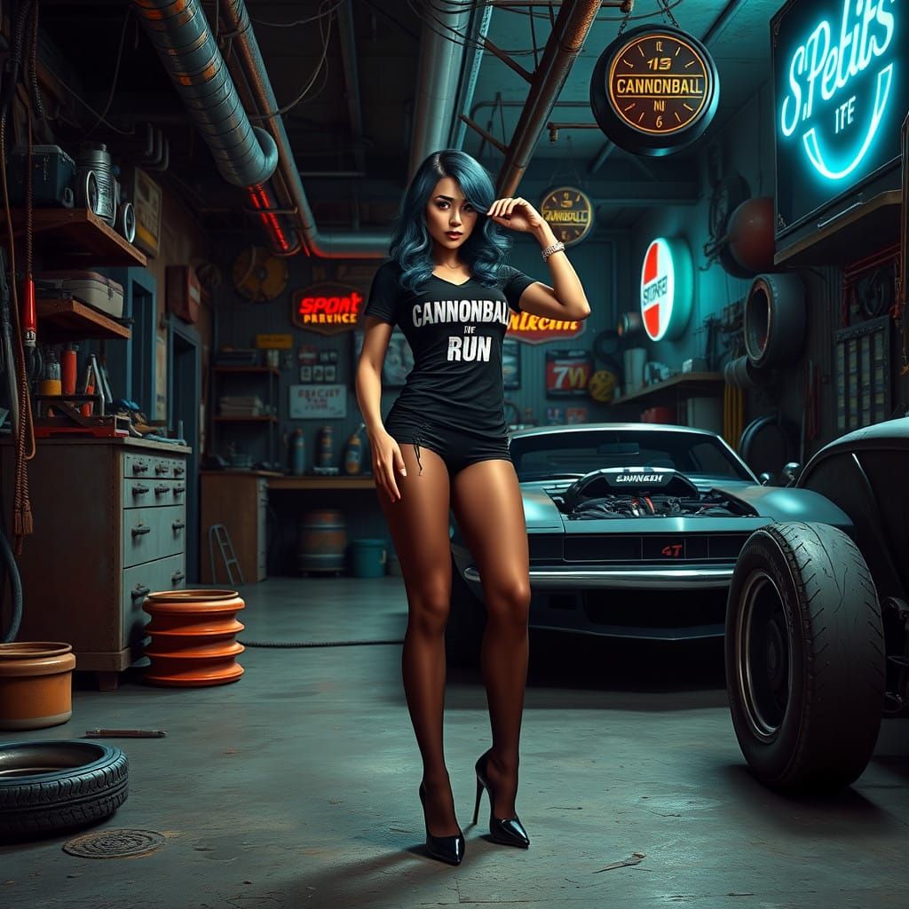 Seductive Pit Girl Reveal in High-Octane Racing Garage