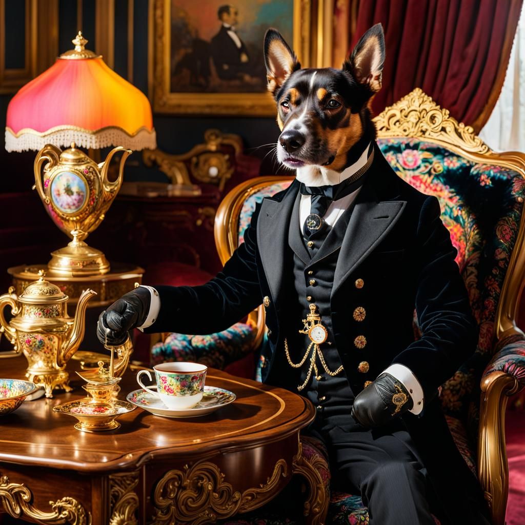 Victorian Dog Serving Tea with Psychedelic Details