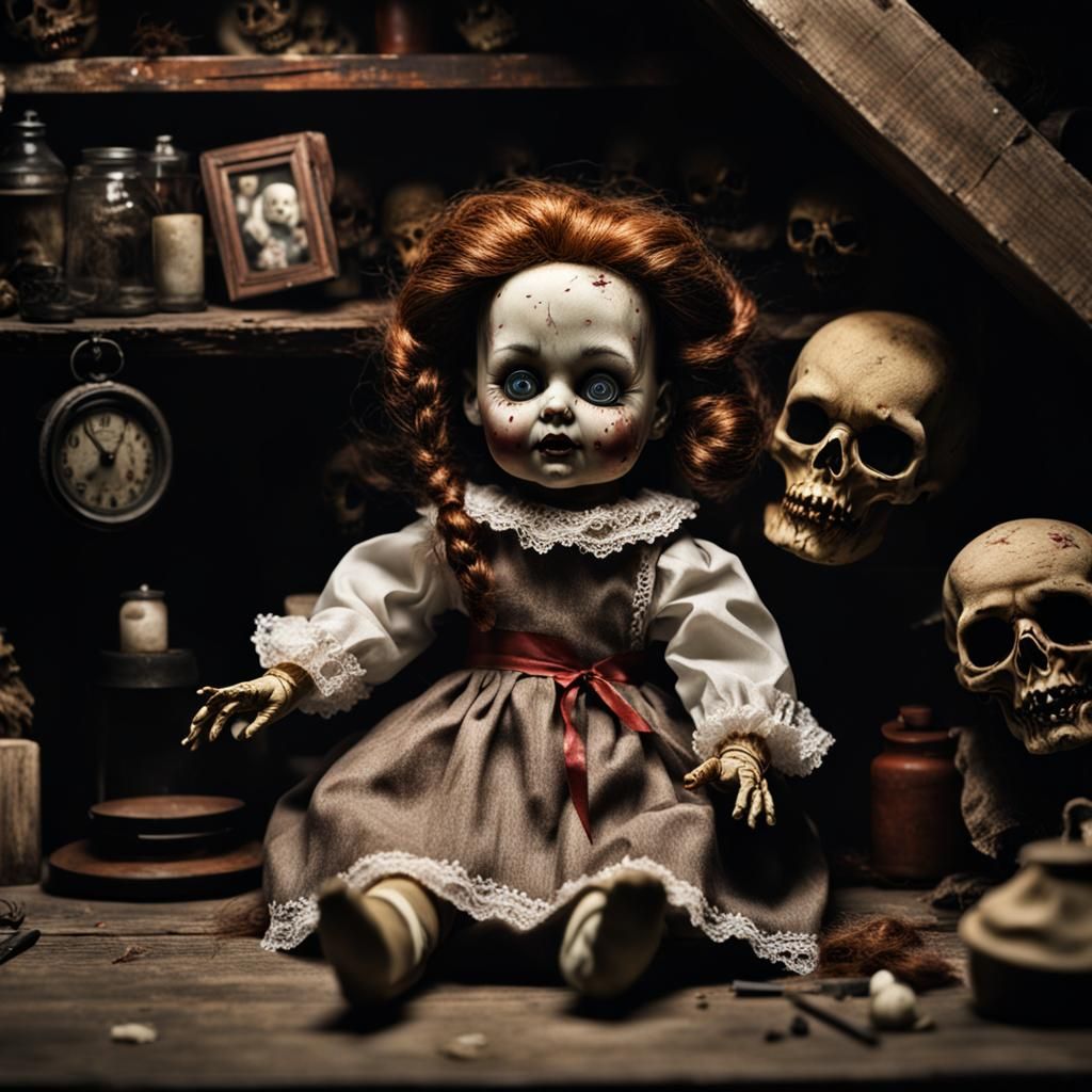 Creepy Haunted Doll in a Horror Attic
