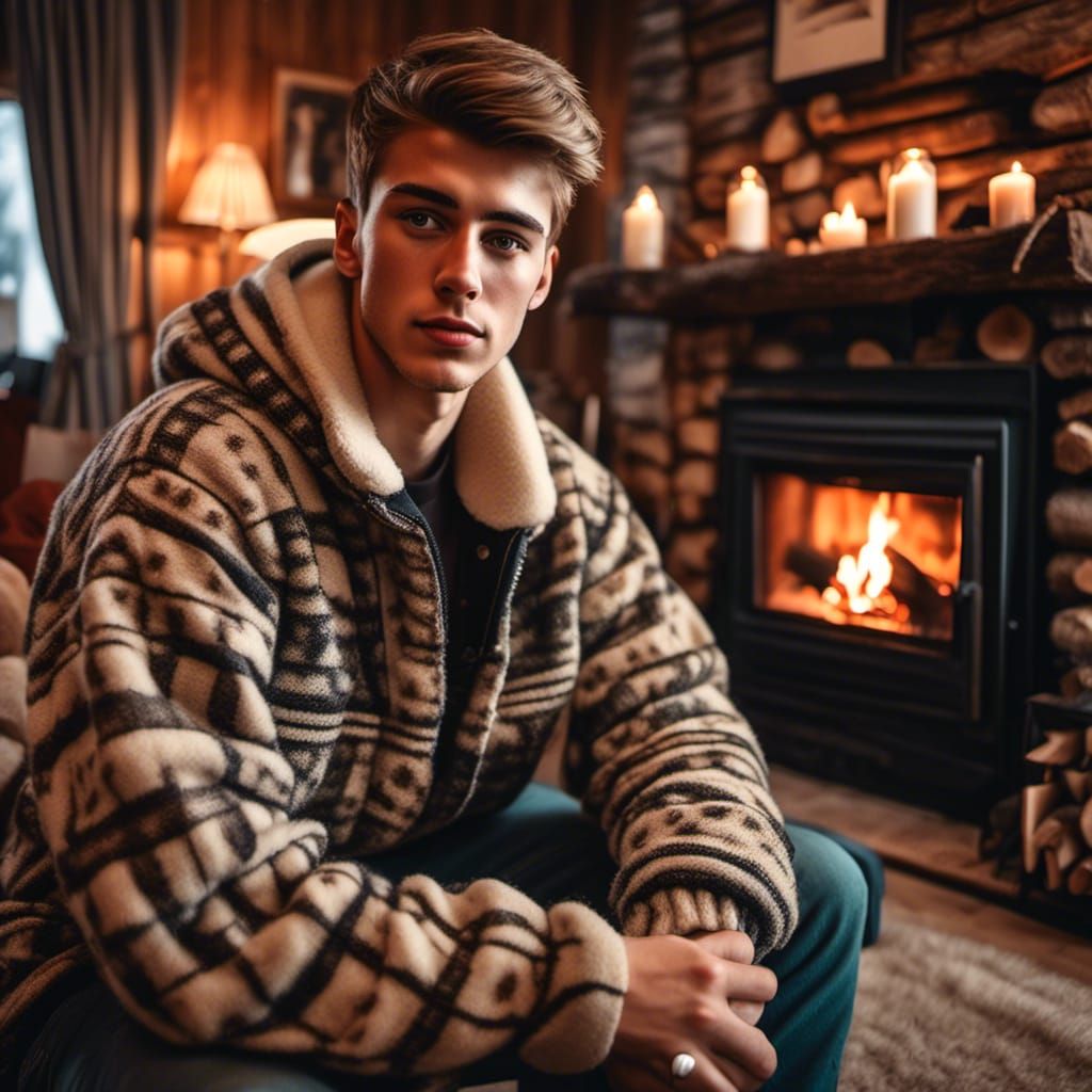Handsome Young Man in Ski Lodge by Fire