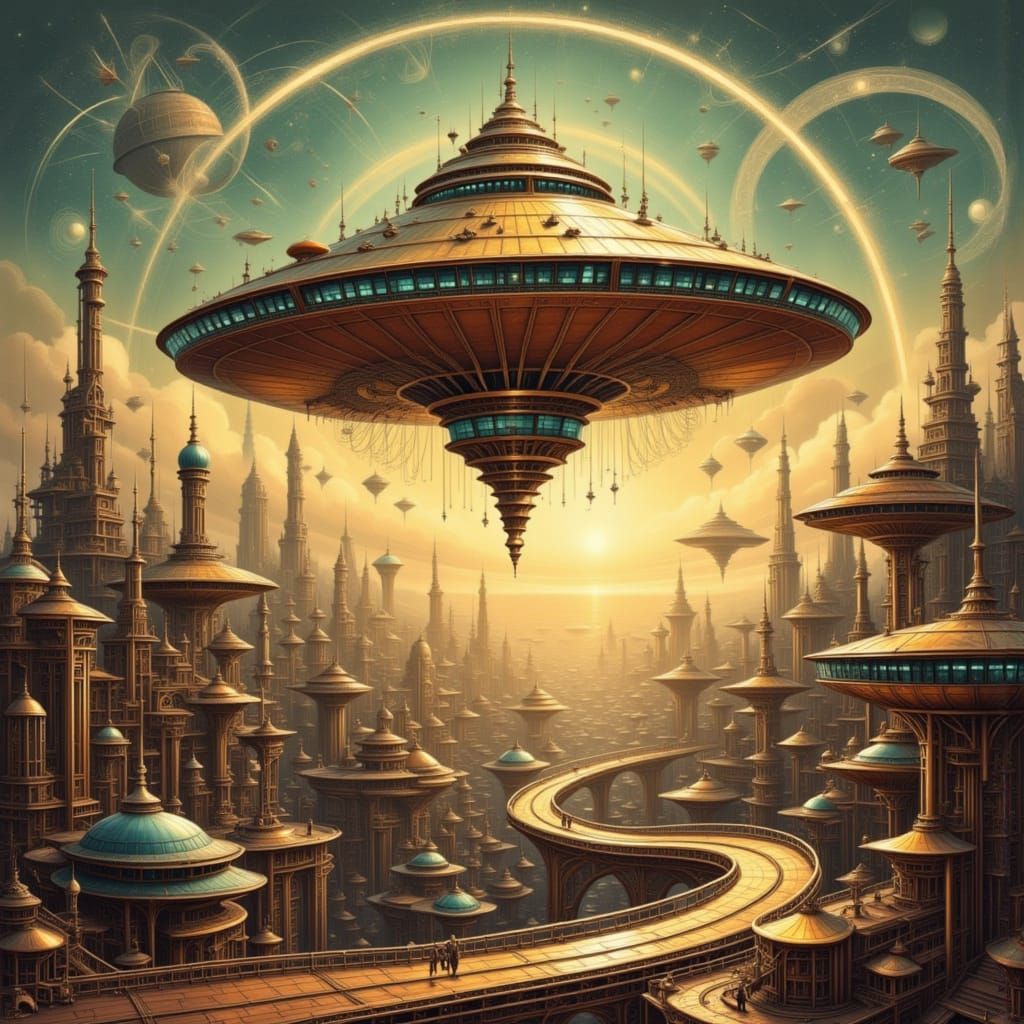 Dystopian Dieselpunk Flying Saucer Spaceport in Golden Rays