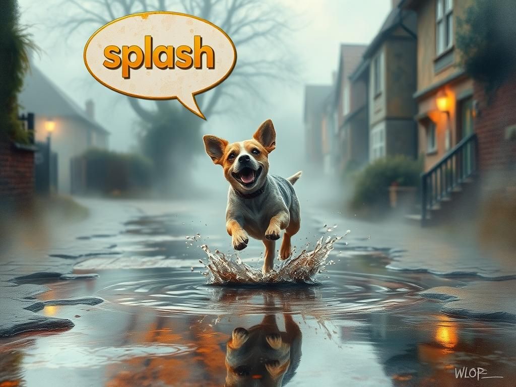 dog jumping in puddle