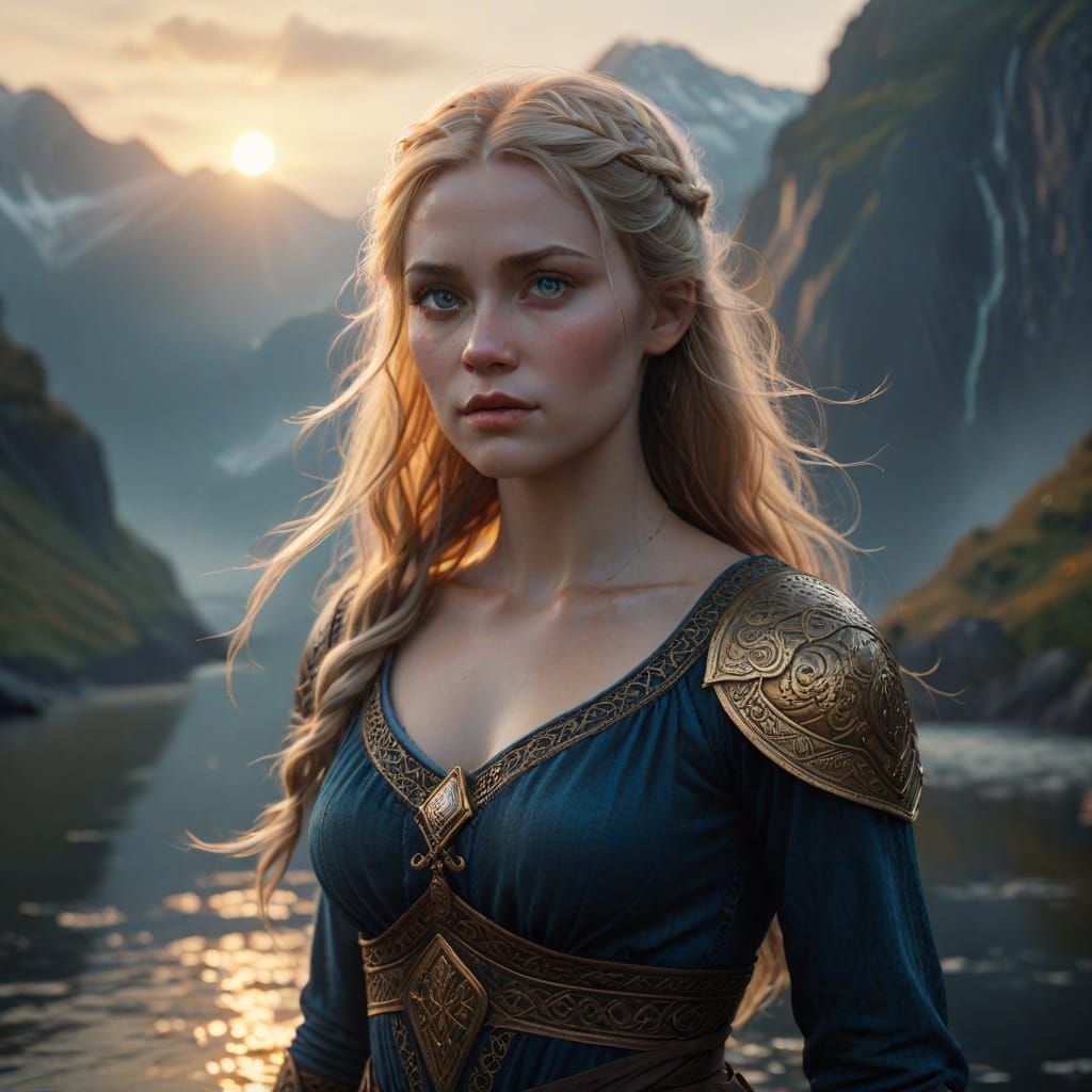 Ethereal Viking Maiden in Misty Fjord Landscape