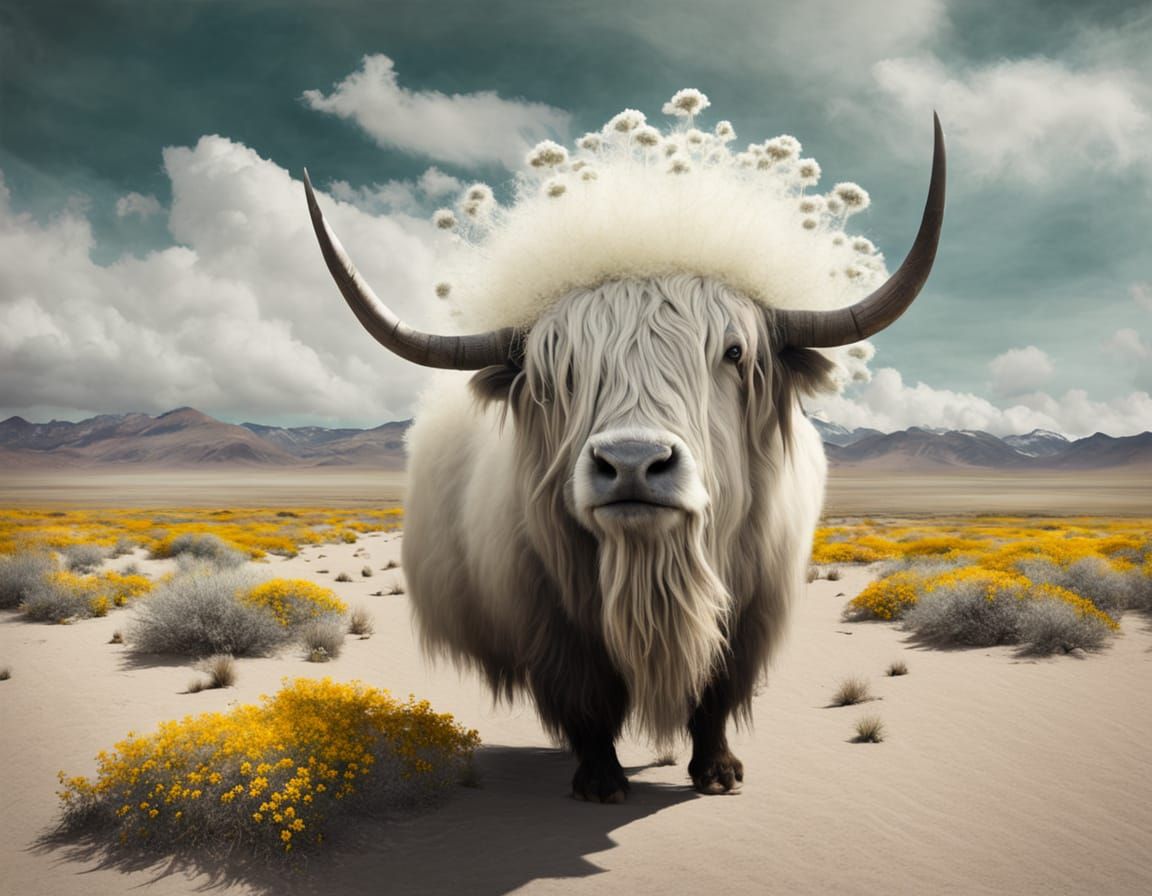 Anthropomorphic Yak in Surreal Desert Landscape