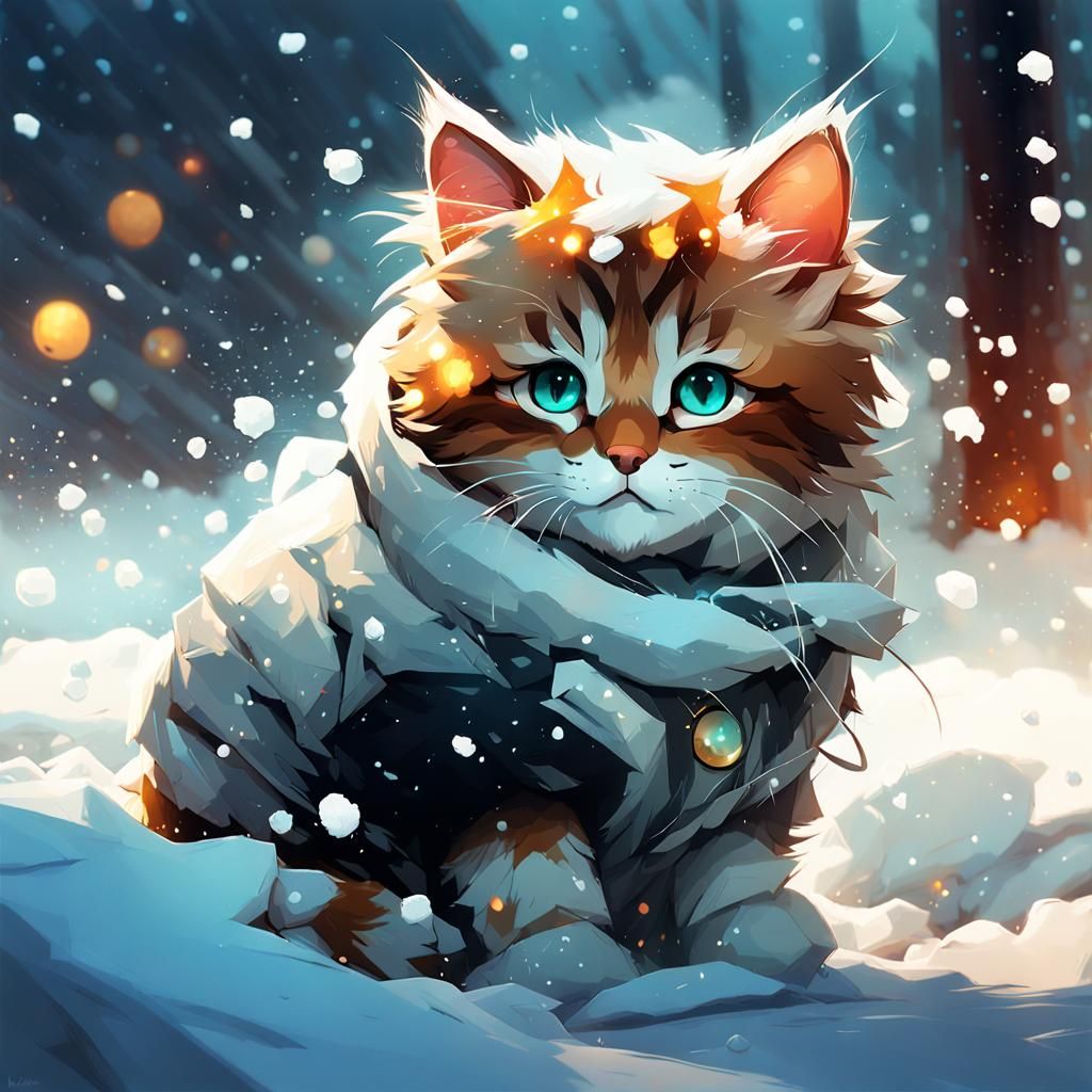 Chibi Snow Cat with Fluffy Fur and Bright Lighting