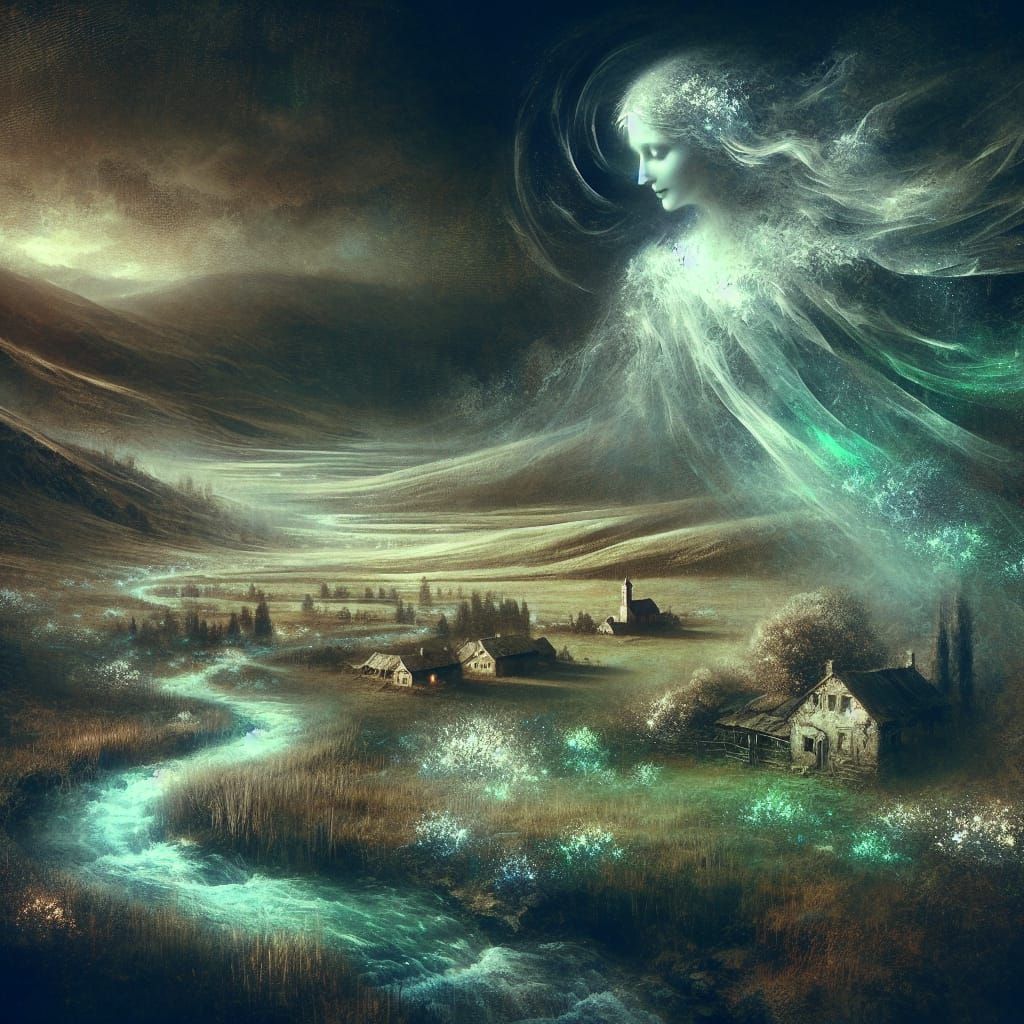 Ethereal Woman's Spectral Apparition on Dark Prairie