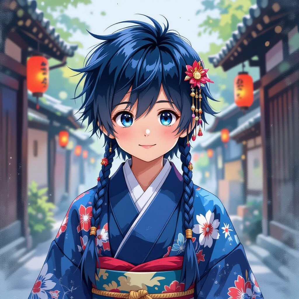 Japanese Boy with Blue Hair in Manga Style
