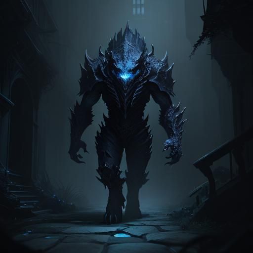 Dark Fantasy Creature in Misty Alleyway