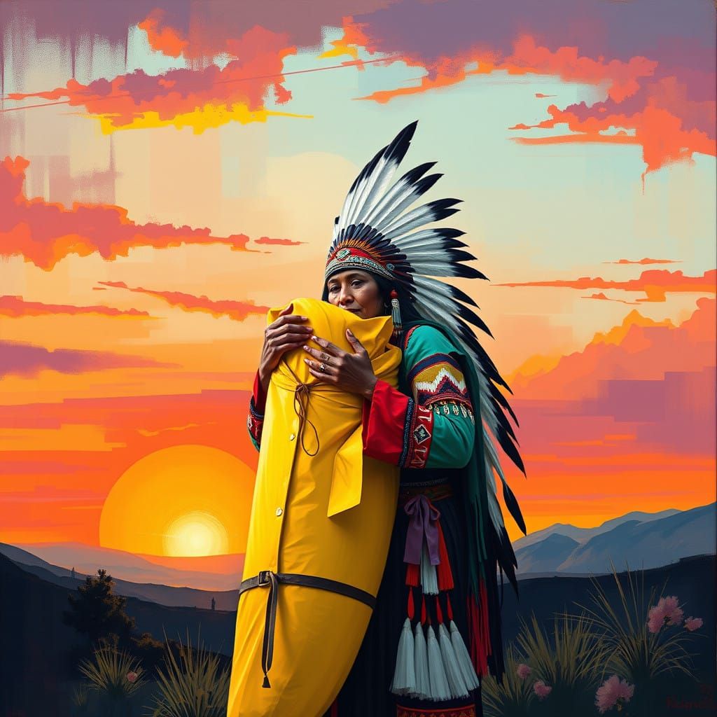Native American Chief in Whimsical Banana Attire Amidst Vibr...