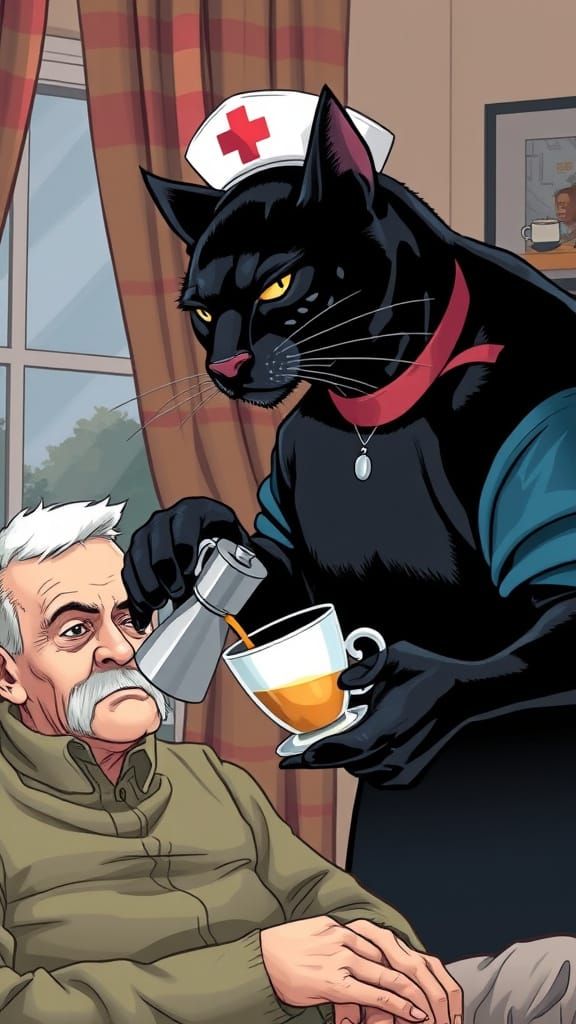 Cartoon Black Panther Nurse Serves Tea