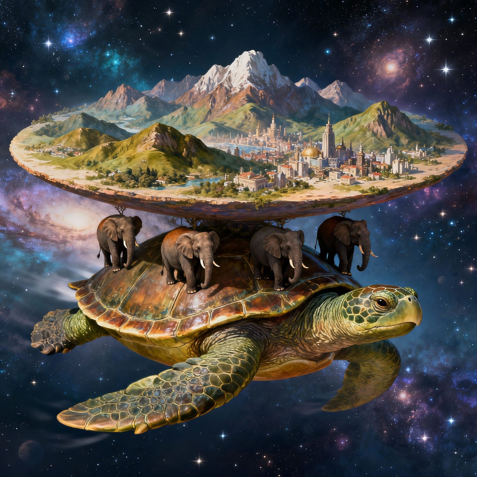 Cosmic Turtle World Carried by Elephants in Space