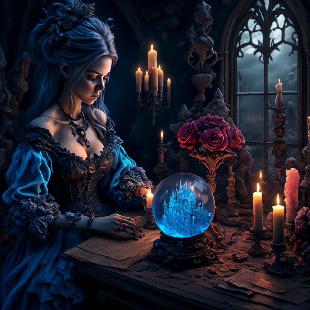 Gothic Witch and Crystal Ball in Victorian Setting