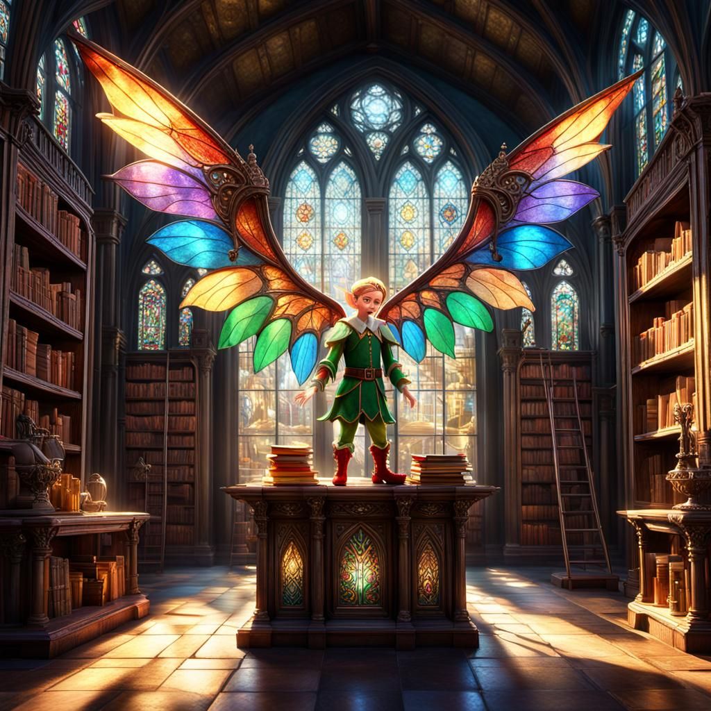 Magical Elf in Library with Glowing Wings