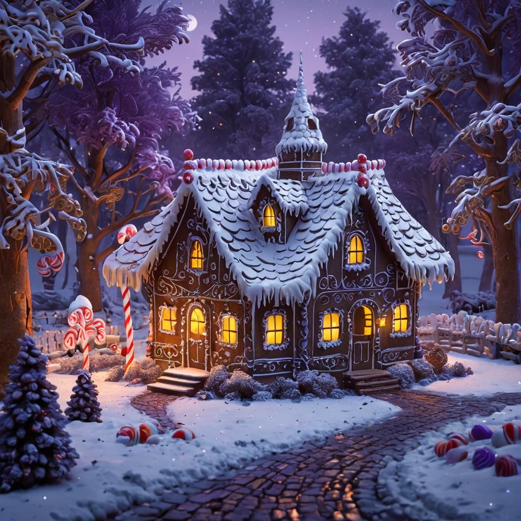 Gingerbread House in Winter Wonderland, Dark Fantasy Art