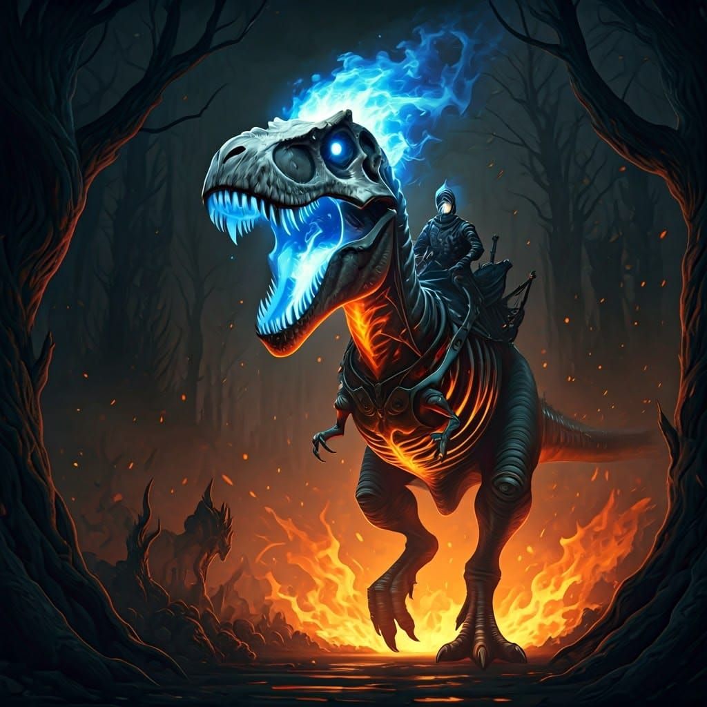 Flaming Ghost Rider T-Rex in Ethereal Forest