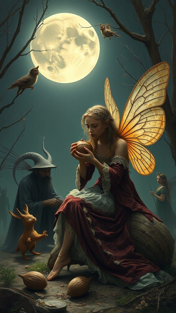 Fairy Feller Cracking Nut Under Moonlight in Dark Fantasy St...