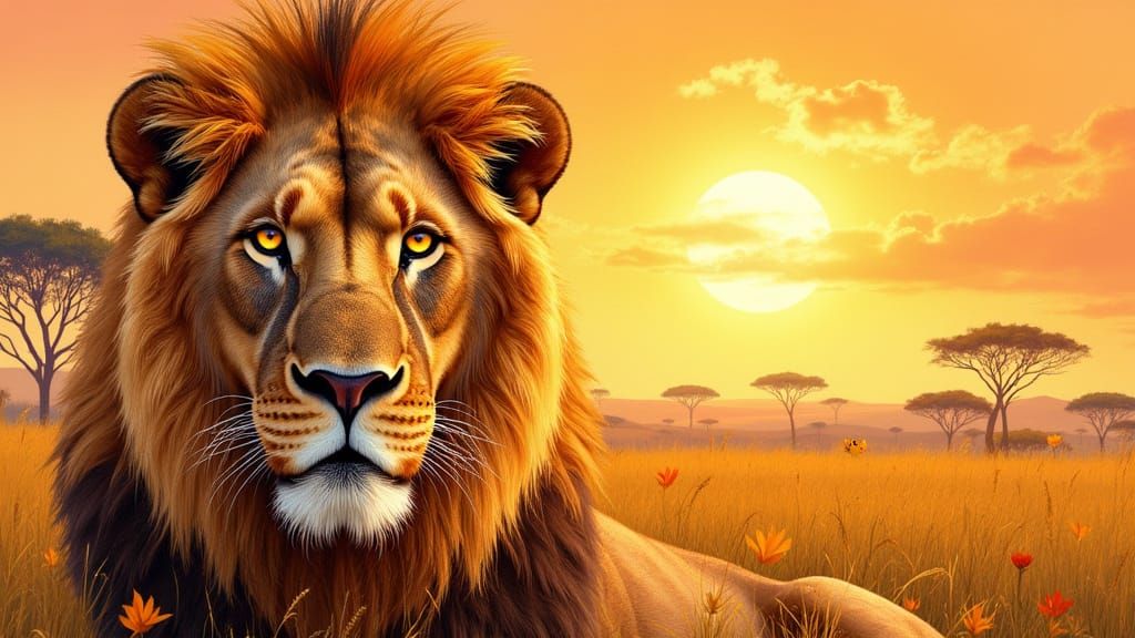 Majestic Lion in Vibrant Savannah Landscape