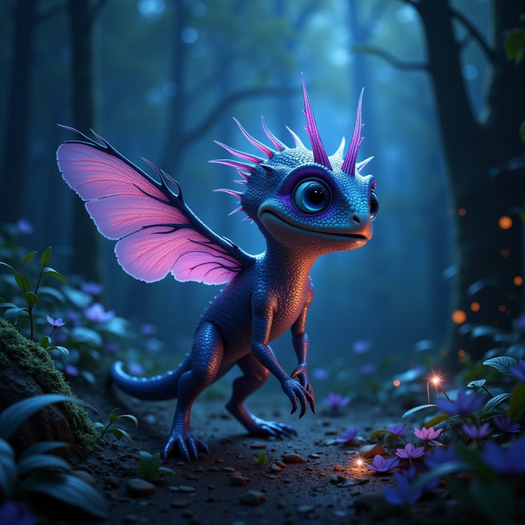 Fantastical Creature in Bioluminescent Forest Digital Painti...