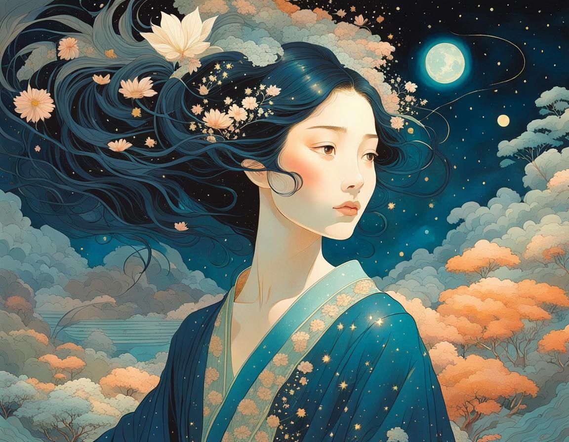 Sorceress in Night Sky, in Style of Japanese Illustration