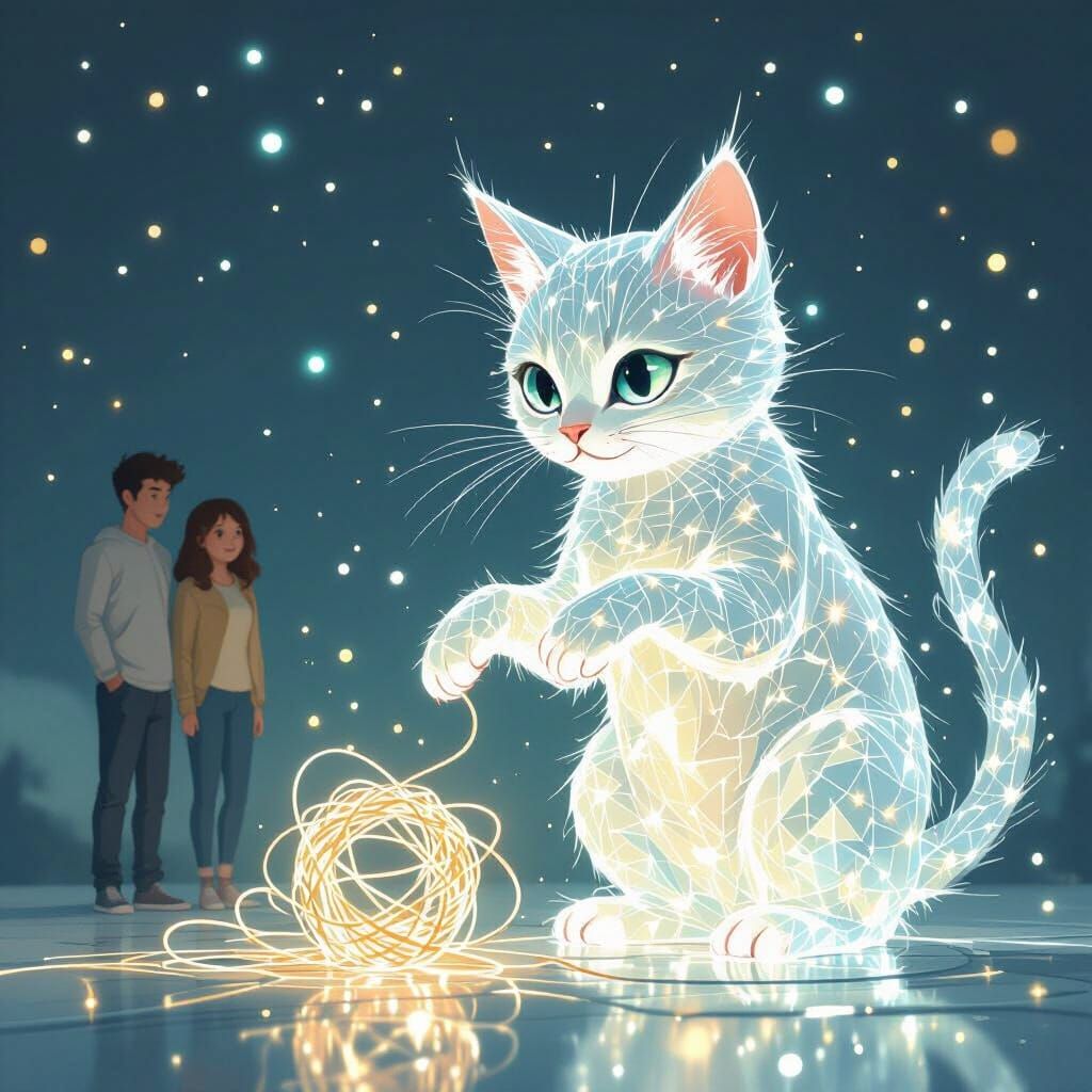 Luminous Cat Plays with String: Ash Thorp Style